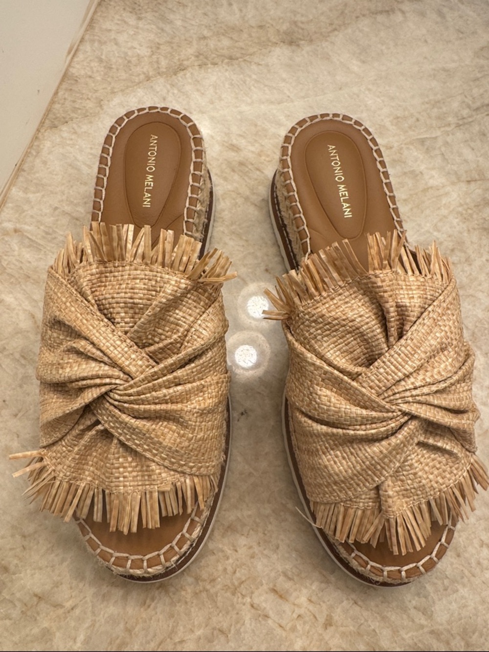ANTONIO MELANI Natural Raffia Knotted Slide Sandals worn once